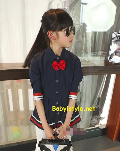  Sales เสื้อเชิ้ตแขนยาวสีกรมแต่งแทบสีน้ำเงิน-แดง ติดโบว์สีแดง ไซส์ 7/11/13 รหัส KK0746B