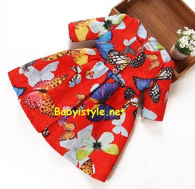  Sales เดรสสีแดงลายผีเสื้อ แขน3ส่วน ไซส์ 4T รหัส KK0688